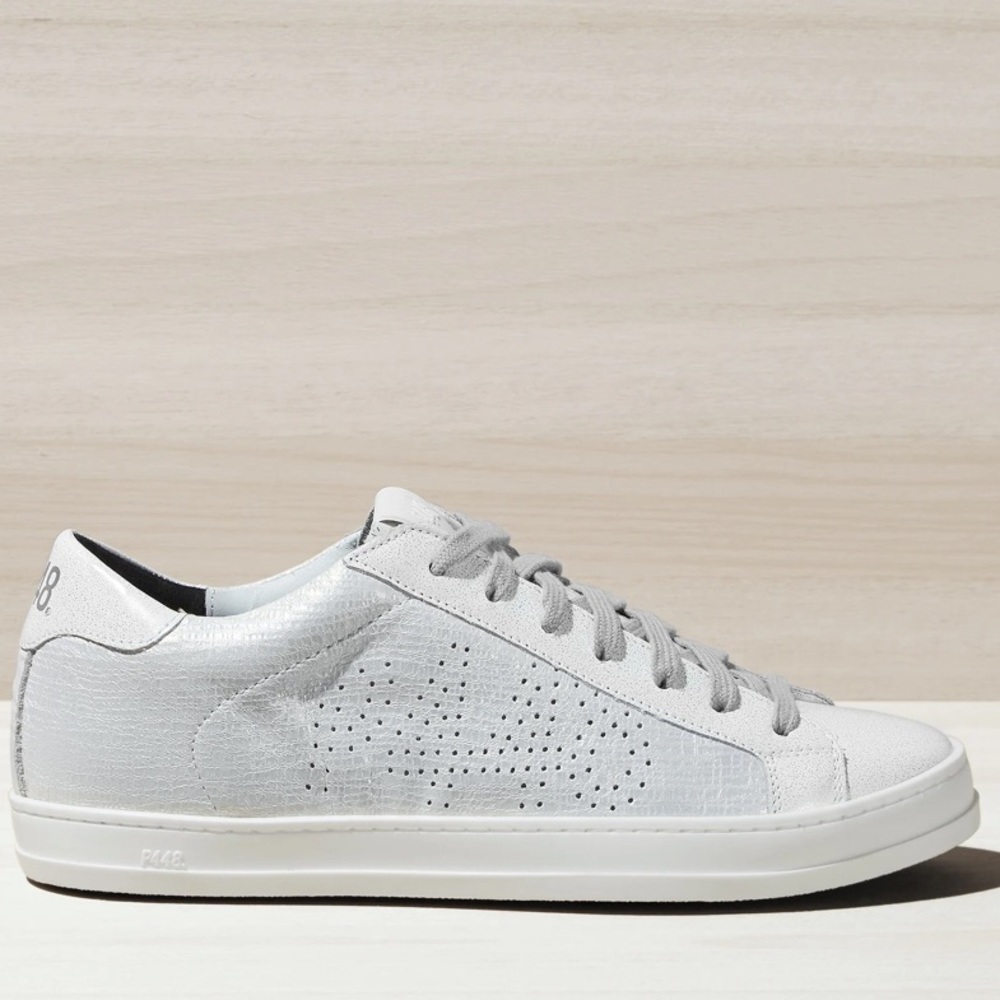 P448 John Pearl Glitter Silver Leather Low-Top Sneakers Size 38 / US 7.5